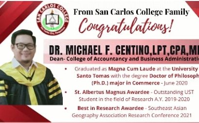 Congratulations Dr. Michael F. Centino for earning his Doctor of Philosophy Major in Commerce with “meritissimus” Award